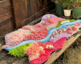 Handmade Pink Moss Latch Hook Rug: Soft River Carpet, Home Decor