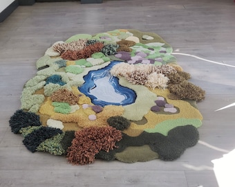 Alfombra de lana tejida a mano con diseño de lago: Alfombra con paisaje forestal en 3D