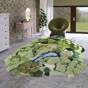 Moss and Lake Rugs .Handmade Turfted Rugs Carpets for Living room/Reading Area/Nursery Room/Kid&#39;s Room,Custom Rugs for Library,Custom Rugs