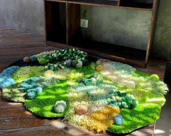 Handmade Moss Rug: Abstract Latch Hook Art Rug (120x80cm)