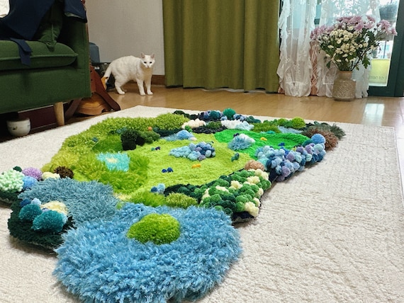 手編みの苔ラグ：緑の草のカーペット、ふわふわのアートラグ - Etsy 日本