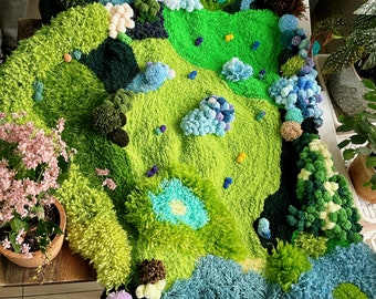 手編みの苔ラグ：緑の草のカーペット、ふわふわのアートラグ - Etsy 日本