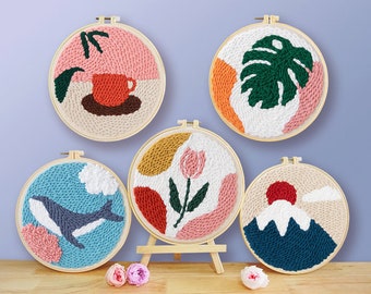 Punch Needle Embroidery Starter Kits Punch Needle Tool Threader Patterned Fabric Hoop Yarn Rug Punch Needle