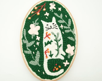 Forest Cat Punch Needle Kit For Beginner,DIY Punch Embroidery full Kit with Pattern Punch Needle Fabric Yarn Rug Embroidery Hoop