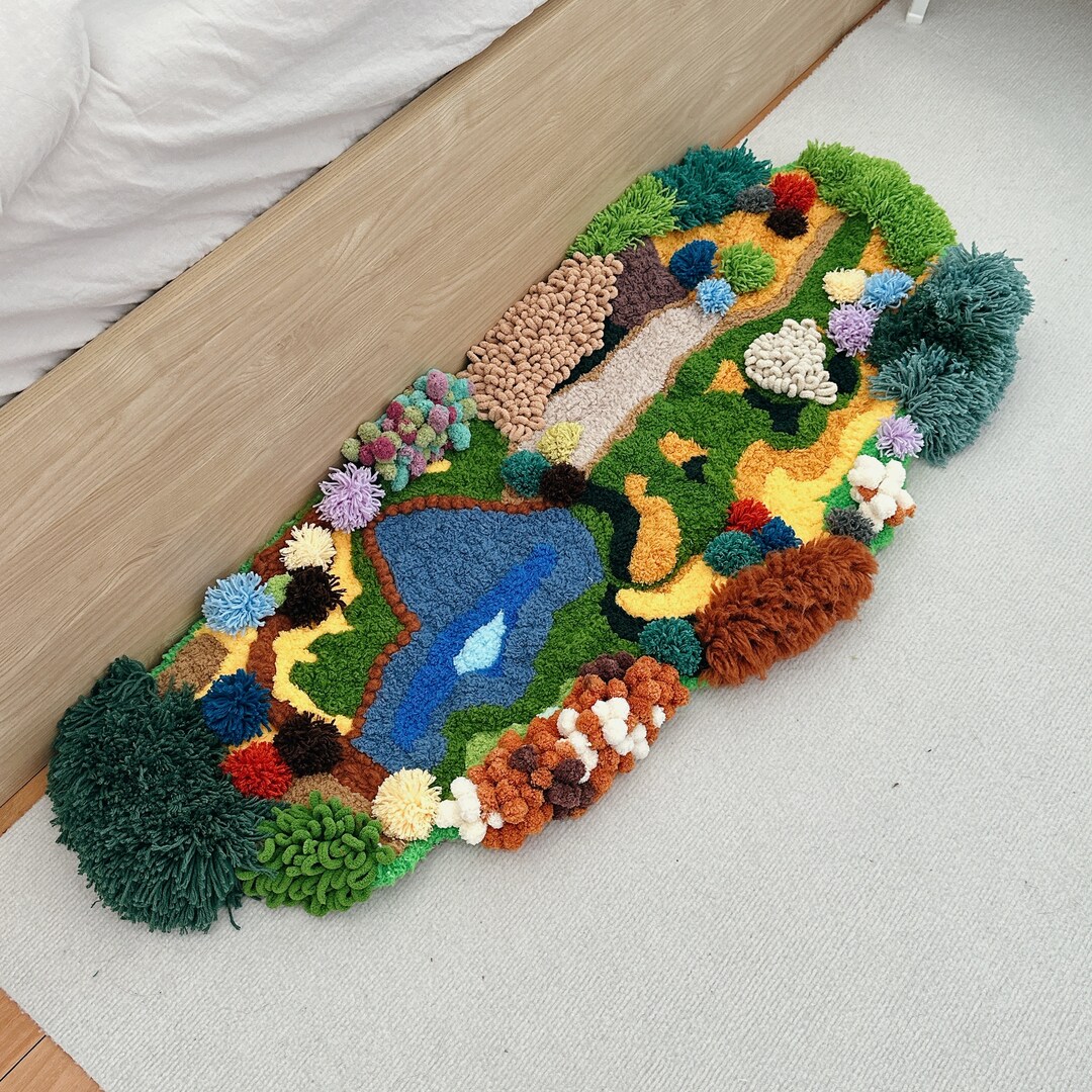 Hand Hooked Moss Rug: Abstract Lake Landscape, Soft Art Carpet - Etsy