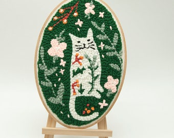 Forest Cat Punch Needle Kit For Beginner,DIY Punch Embroidery full Kit with Pattern Punch Needle Fabric Yarn Rug Embroidery Hoop
