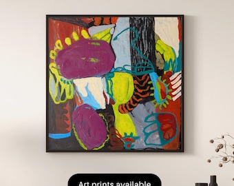 Original Intuitive Abstract Painting, Bold Plum and Lime Green Modern Art