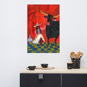 May include: A painting of a woman in a white dress and a cowboy hat standing next to a black bull in a red room with a checkered floor.