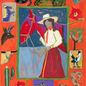 Cowgirl Matte Paper Print from Original Painting, Western Art, Horse Poster, Figurative  Unique, Colorful Southwestern Desert animals.