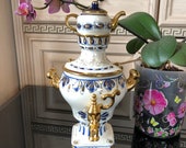 Vintage Russian decorative hand-painted porcelain samovar with mini-kettle, Gel, Paint Gold, Cobalt, with the symbol - 1980 Moscow Olympics