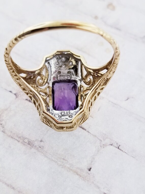 14k Two Tone Vintage Amethyst and Diamond Ring - image 5