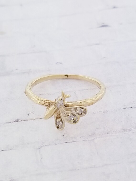 10k Yellow Gold Vintage Butterfly Ring with Diamo… - image 4
