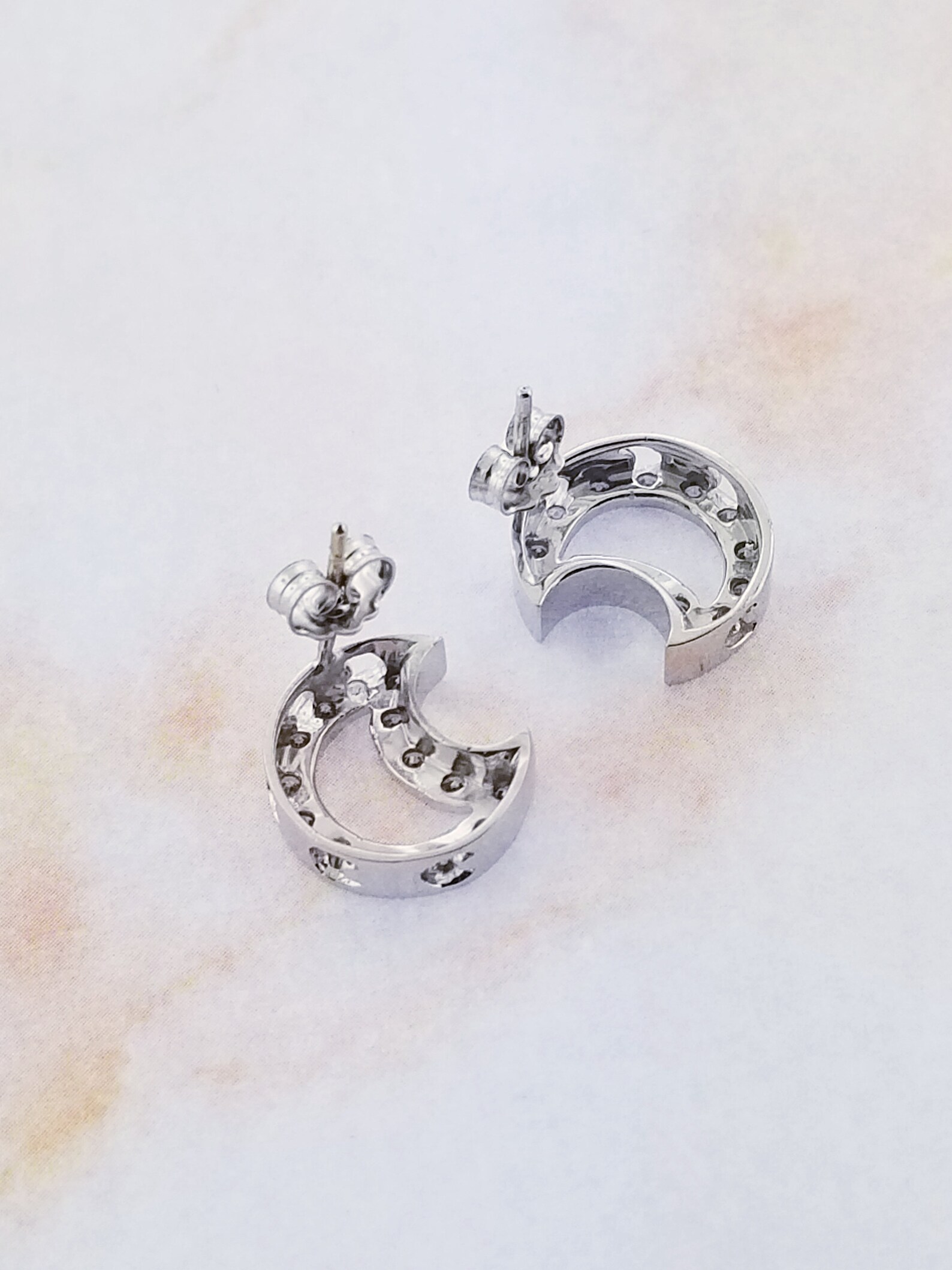 18k White Gold Half Moon Stud Earrings With Cubic Zirconia Etsy