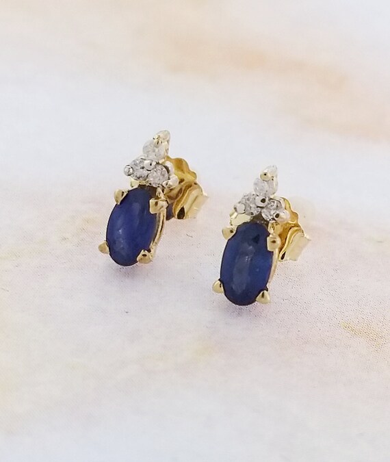 14k Yellow Gold Sapphire and Diamond Stud Earrings - image 5