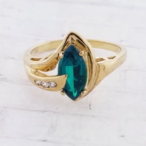 14k Yellow Gold Vintage Synthetic Emerald and Diamond Ring
