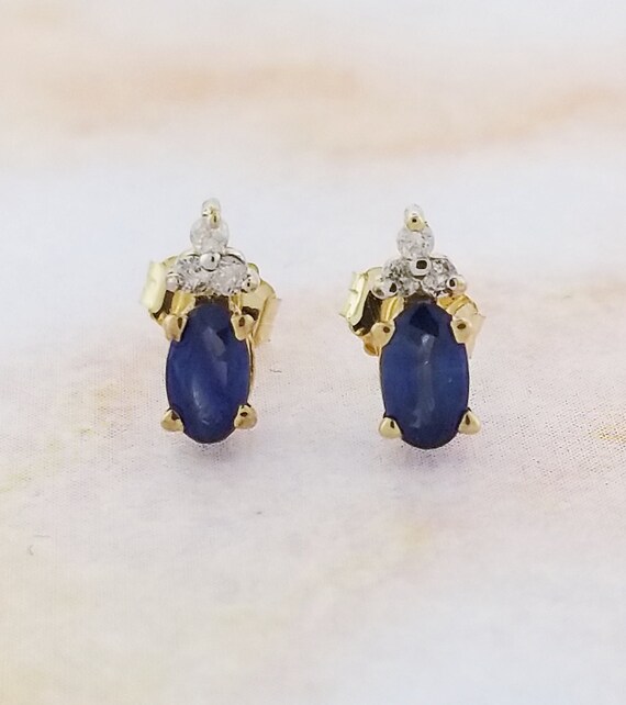 14k Yellow Gold Sapphire and Diamond Stud Earrings - image 4