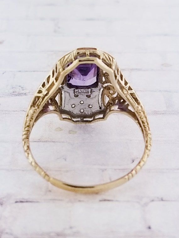 14k Two Tone Vintage Amethyst and Diamond Ring - image 4