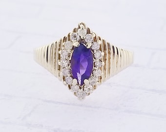 Anello vintage in oro giallo 10k con ametista e diamanti