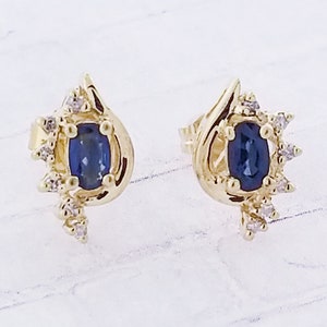 14k Yellow Gold Sapphire and Diamond Stud Earrings