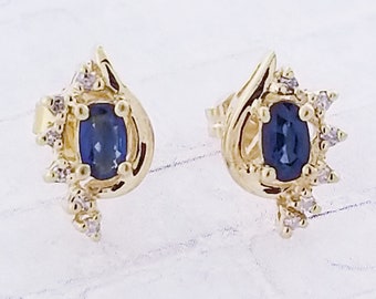 14k Yellow Gold Sapphire and Diamond Stud Earrings