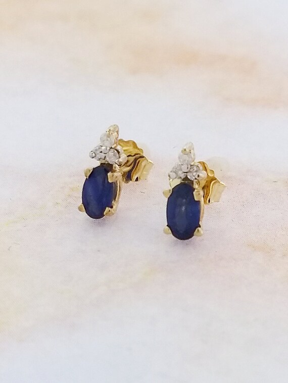 14k Yellow Gold Sapphire and Diamond Stud Earrings - image 2