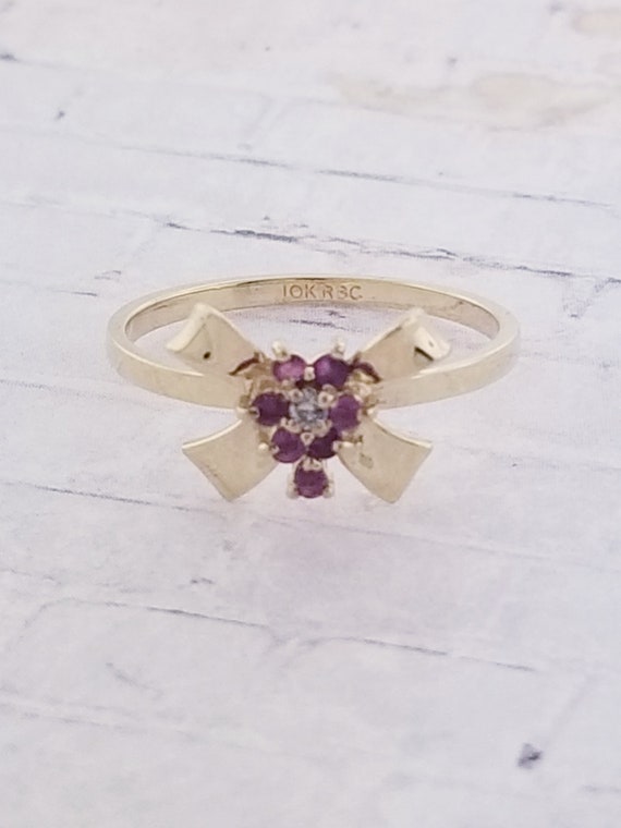 10k Yellow Gold Vintage Ruby and Diamond Bow Shap… - image 2