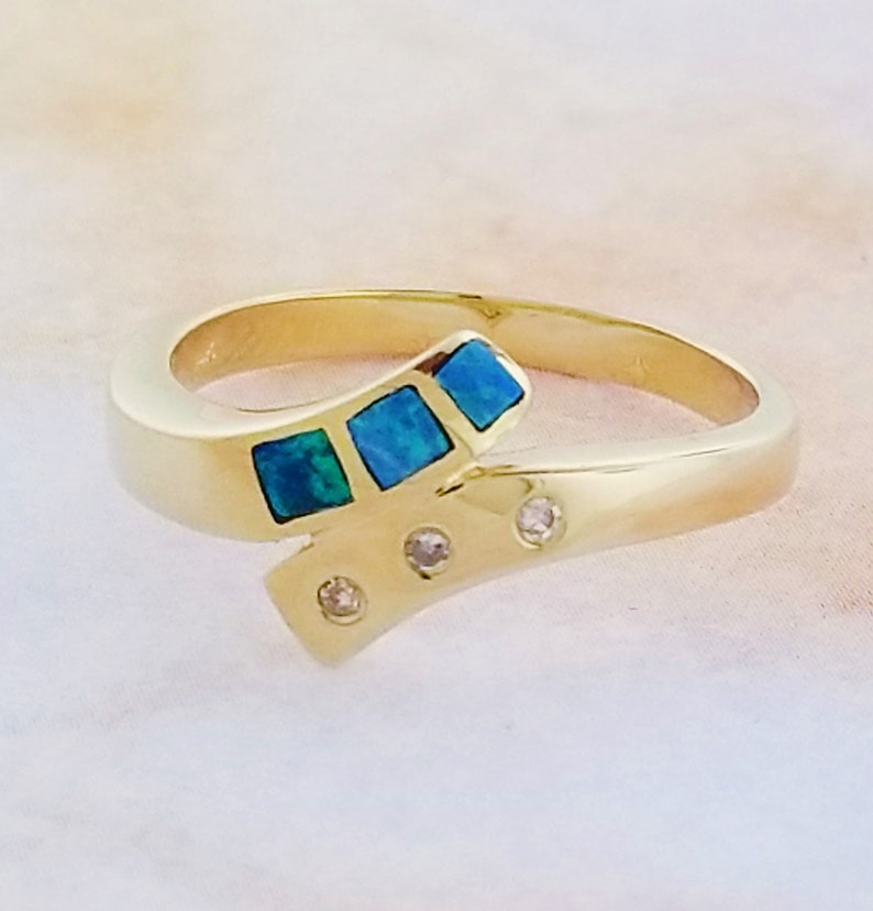 14k Yellow Gold Vintage Opal and Diamond Ring image 1
