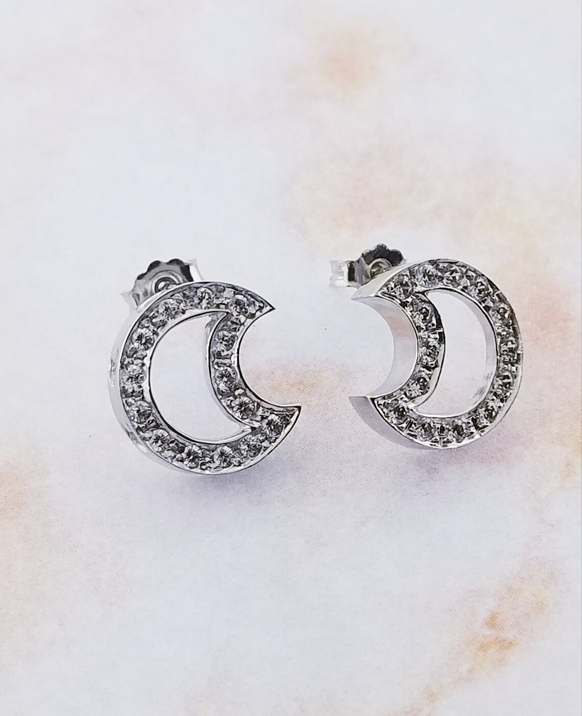 18k White Gold Half Moon Stud Earrings With Cubic Zirconia Etsy