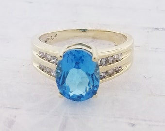 14k Yellow Gold Blue Topaz and Diamond Ring
