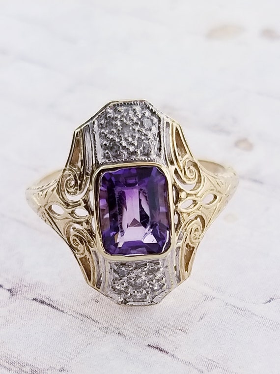 14k Two Tone Vintage Amethyst and Diamond Ring - image 6