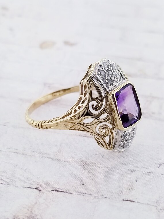 14k Two Tone Vintage Amethyst and Diamond Ring - image 8