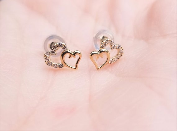 10k Yellow Gold Double Heart Stud Earrings With Cubic Zirconia Etsy