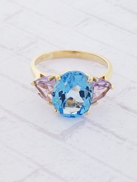 14k Yellow Gold Vintage Blue Topaz and Amethyst R… - image 4