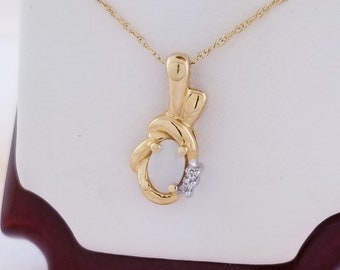 14k Yellow Gold Opal and Diamond Pendant with Chain
