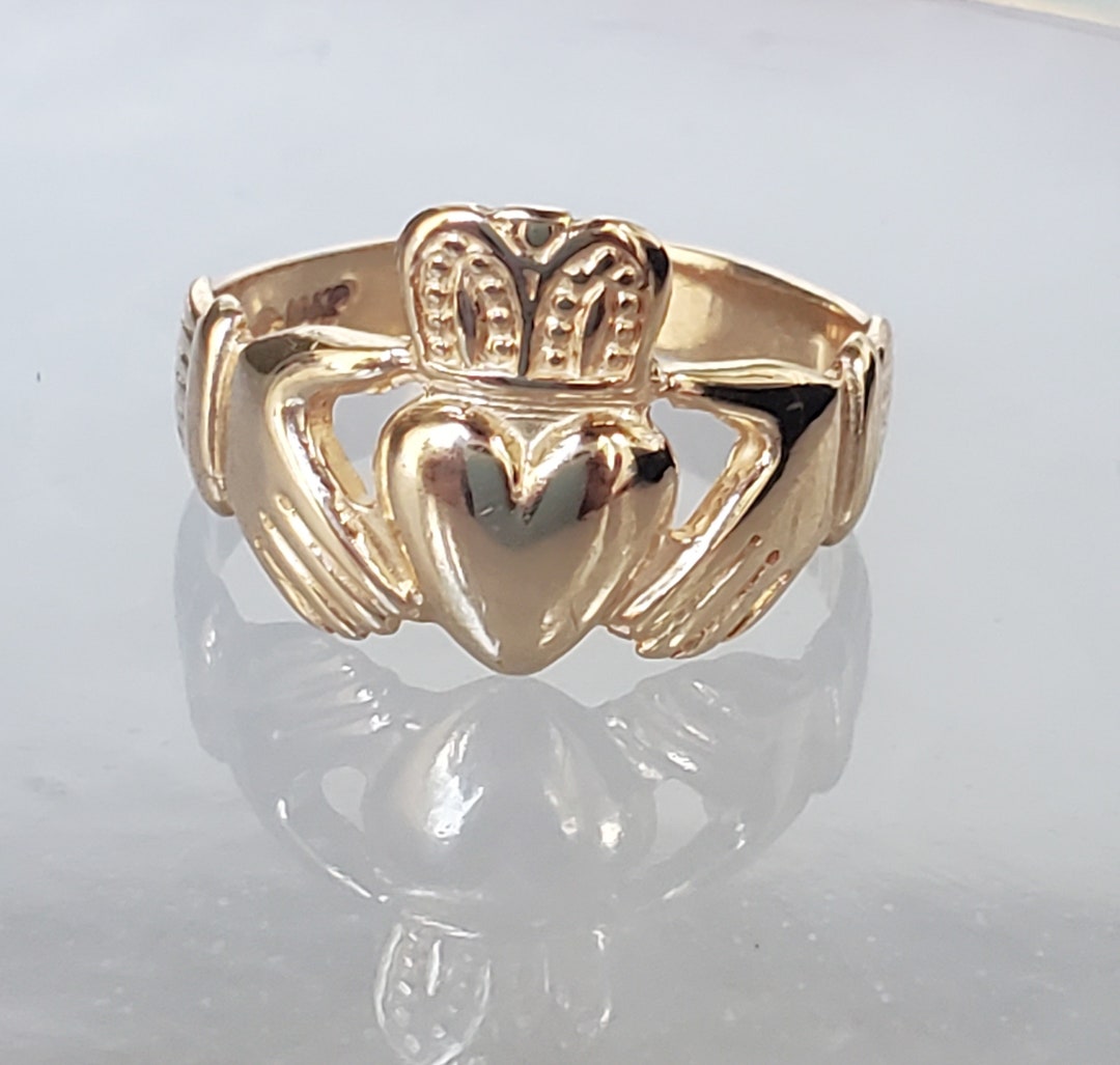 Ladies 10k Yellow Gold Claddagh Ring With Trinity Band - Size 11, Made In USA, Free Gift Packaging