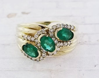 14k Yellow Gold Vintage Emerald and Diamond Ring