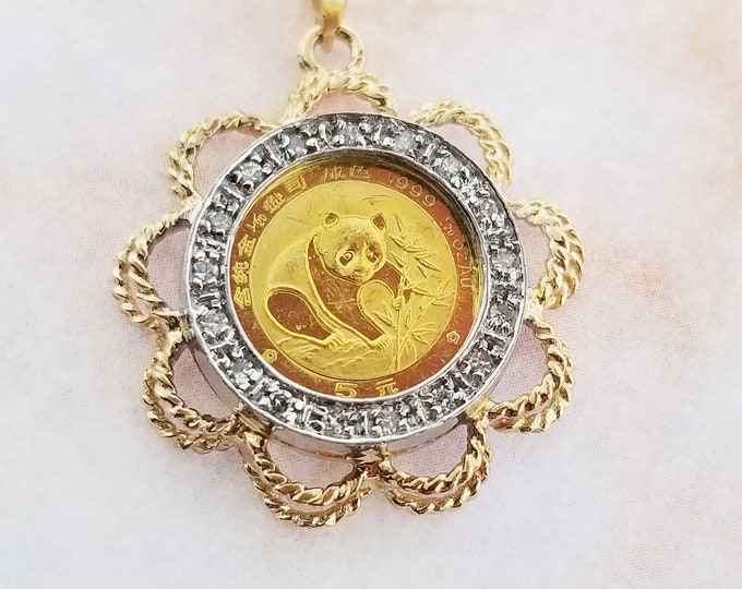 22k Yellow Gold Panda Coin Pendant With 14k Holder Etsy