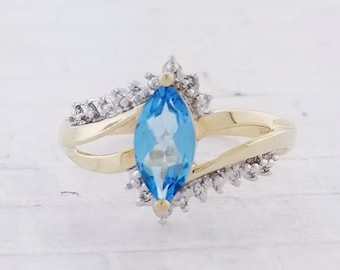 14k Yellow Gold Vintage Blue Topaz and Diamond Ring