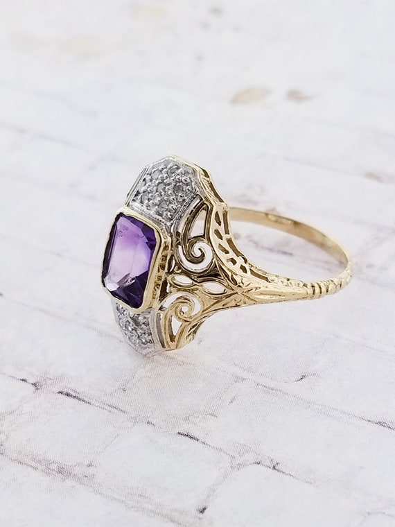 14k Two Tone Vintage Amethyst and Diamond Ring - image 7