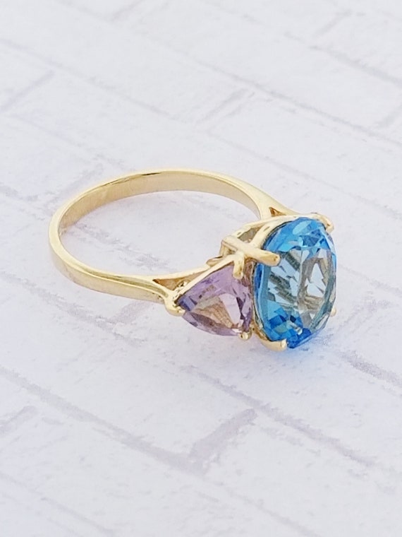 14k Yellow Gold Vintage Blue Topaz and Amethyst R… - image 7