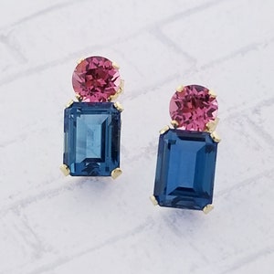 14k Yellow Gold Vintage Blue Topaz and Pink Cubic Zirconia Stud Earrings