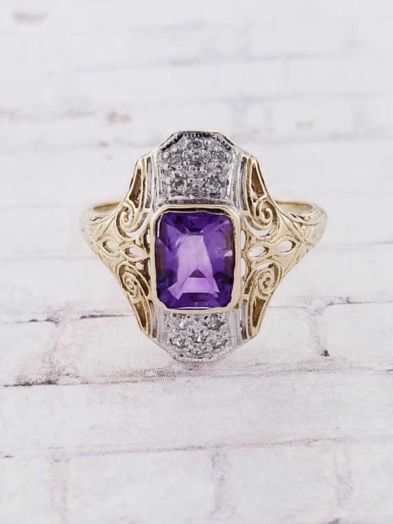 14k Two Tone Vintage Amethyst and Diamond Ring - image 1
