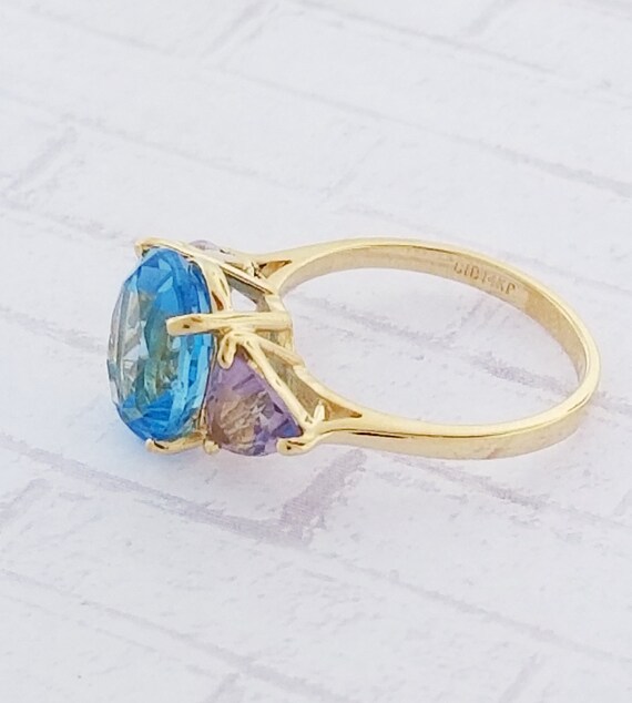 14k Yellow Gold Vintage Blue Topaz and Amethyst R… - image 6