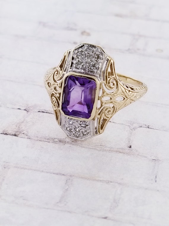14k Two Tone Vintage Amethyst and Diamond Ring - image 2