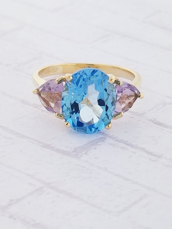 14k Yellow Gold Vintage Blue Topaz and Amethyst R… - image 3