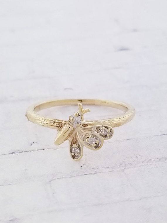 10k Yellow Gold Vintage Butterfly Ring with Diamo… - image 2