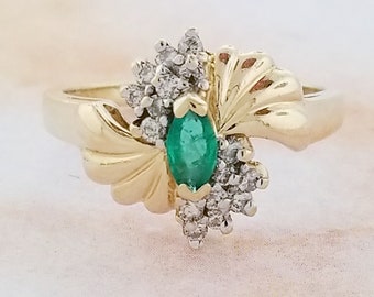 14k Yellow Gold Vintage Emerald and Diamond Ring