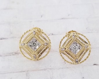 14k Two Tone Diamond Stud Earrings