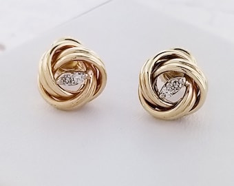 14k Yellow Gold Love Knot Stud Earrings with Small Diamonds