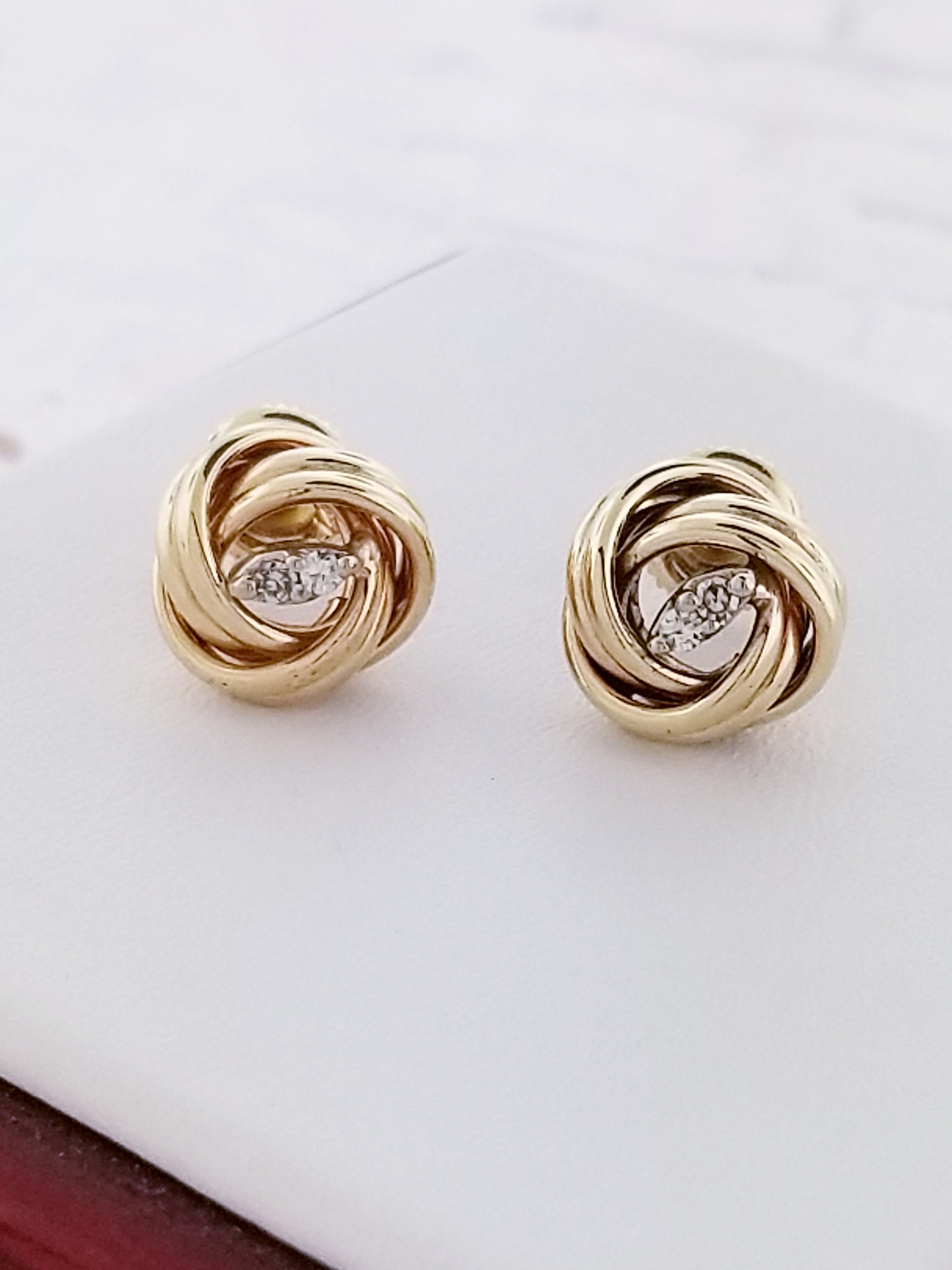 14k Yellow Gold Love Knot Stud Earrings With Small Diamonds Etsy UK